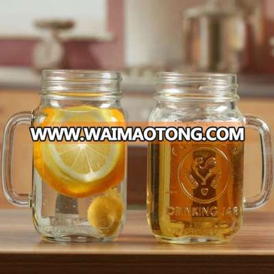 Eco-friendly free custom food grade 16 oz mason jars with handle straw and metal lid